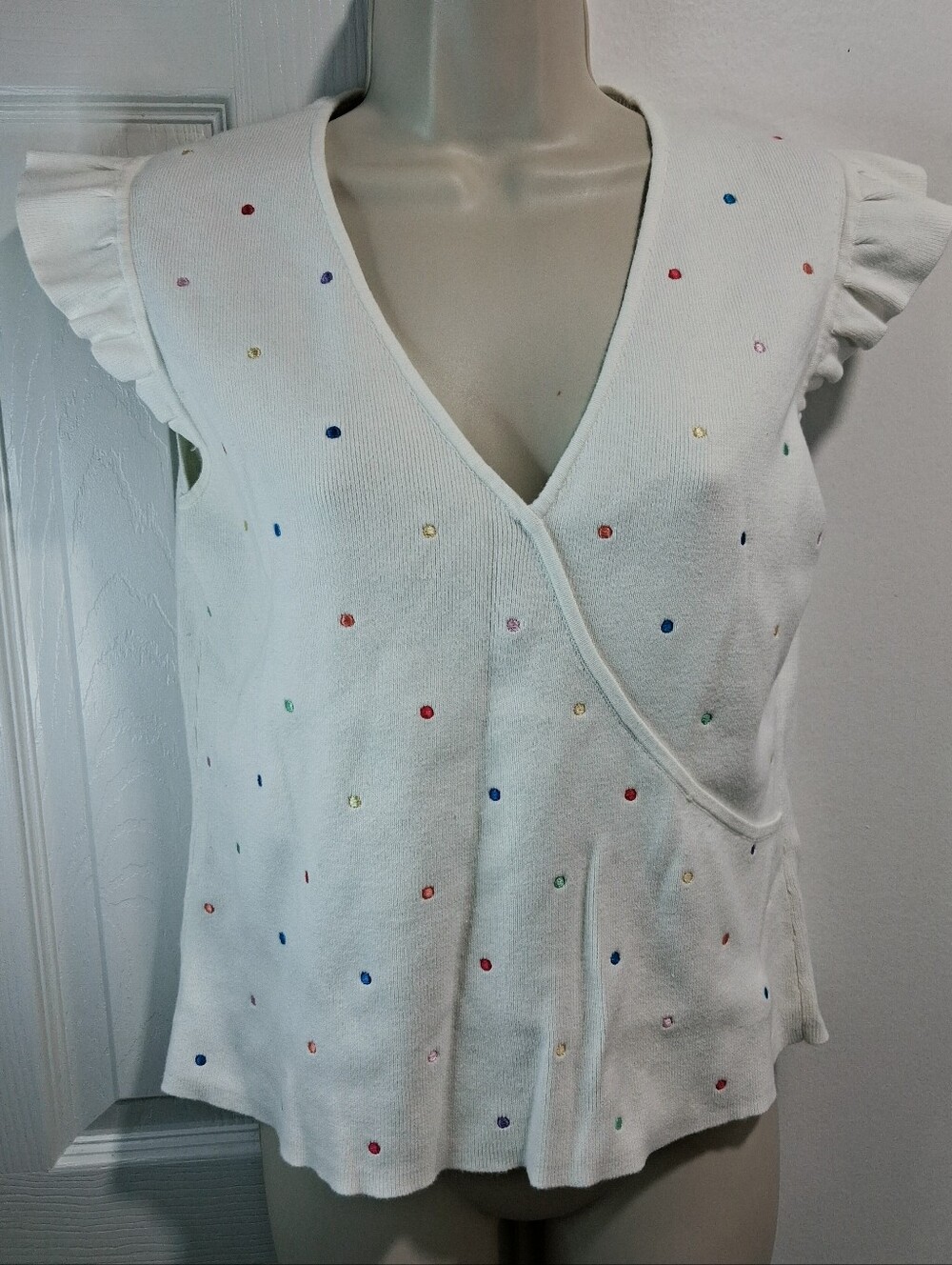mercer & madison White V‑Neck Top with Multicolor Embroidered Dots